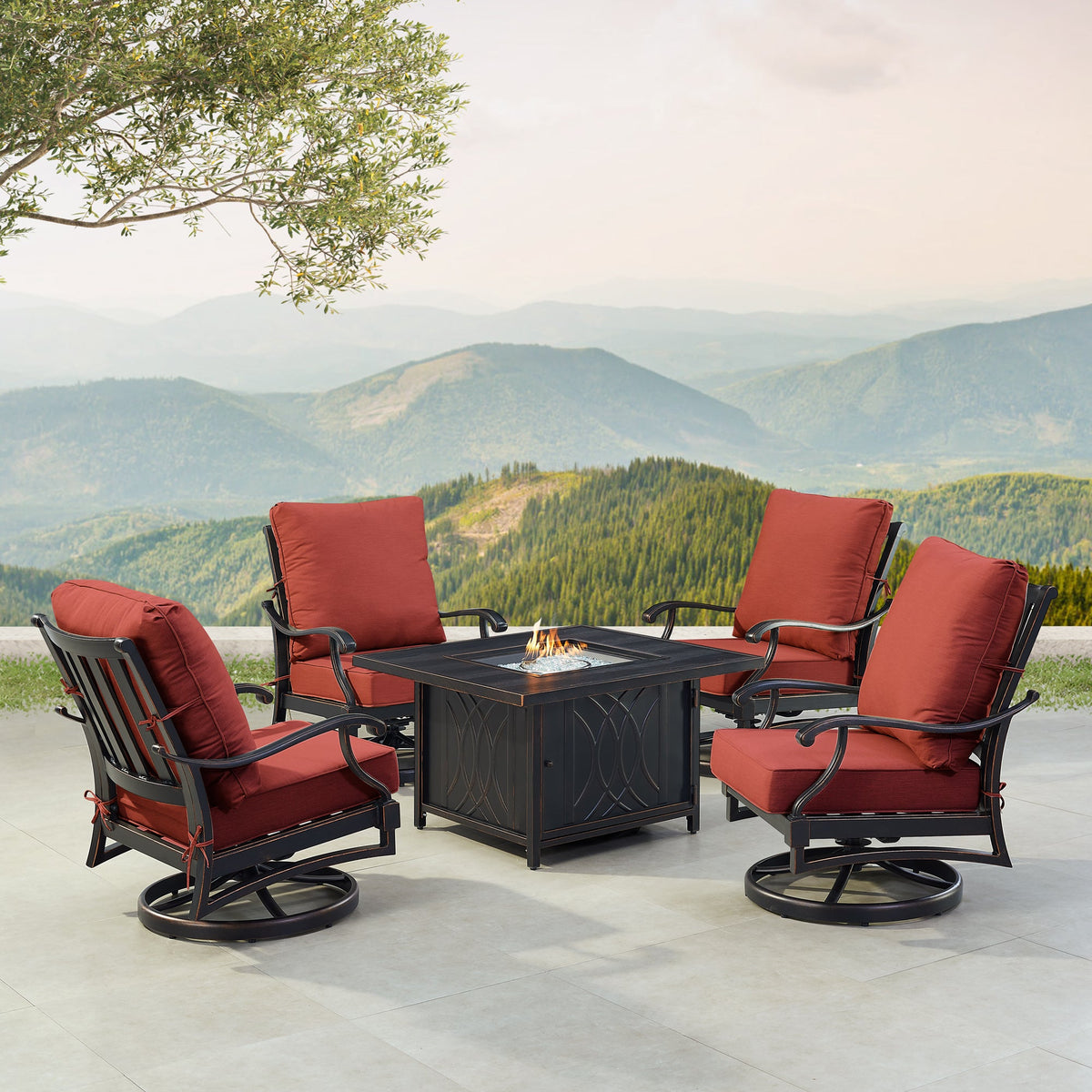 Black Aluminum Fire Table Set with Four Club Chairs