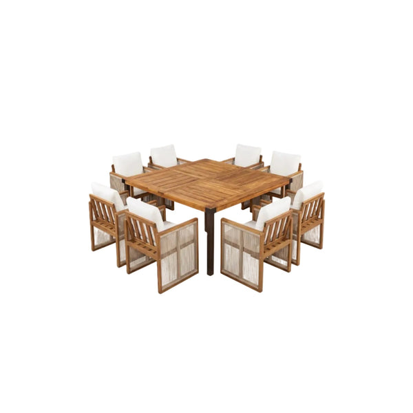 9‑Piece Acacia Wood Outdoor Patio Dining Set with Square Table & Rope‑Wrapped Armchairs – Teak Finish