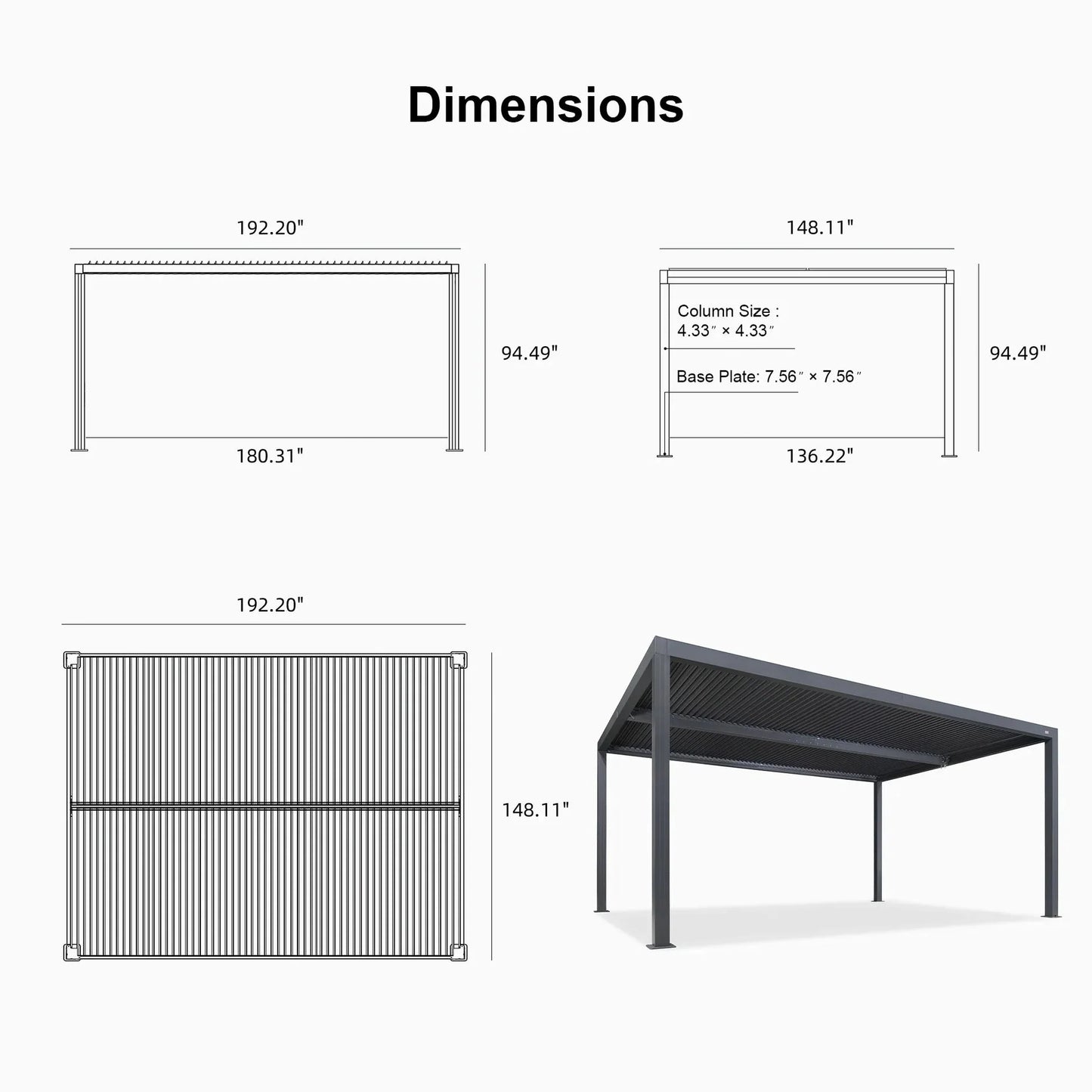 Gray Louvered Pergola Outdoor Aluminum Pergola with Adjustable Roof for Patio Gray Hardtop Gazebo
