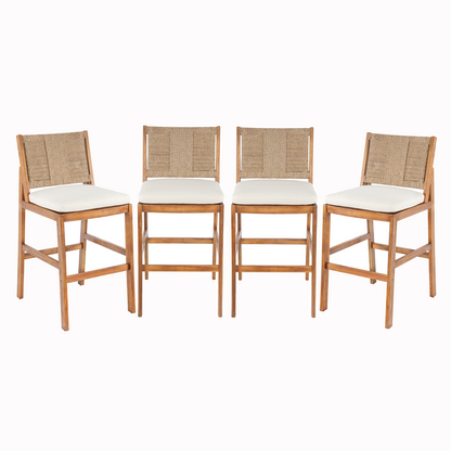4‑Piece Acacia Wood Outdoor Bar Stool Set — Teak Finish with Woven Wicker & Cream Cushions