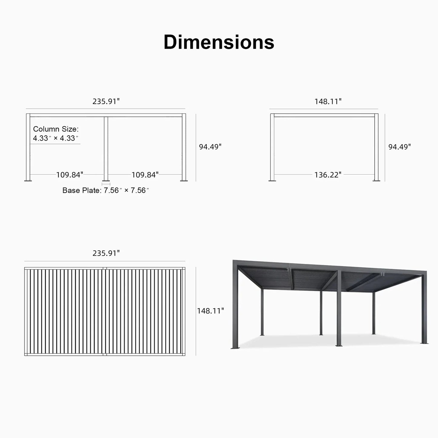 Gray Louvered Pergola Outdoor Aluminum Pergola with Adjustable Roof for Patio Gray Hardtop Gazebo