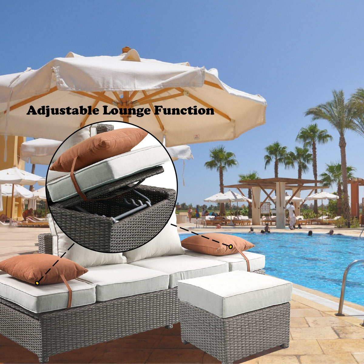 Salena All‑Weather Wicker Patio Sofa & Ottoman with Toss Pillows – Beige / Gray