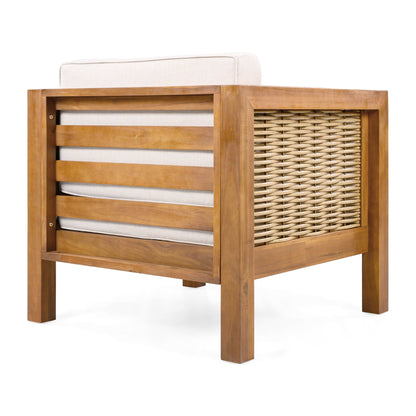 Acacia Wood Outdoor Club Chair, Weather‑Resistant with Wicker Armrests