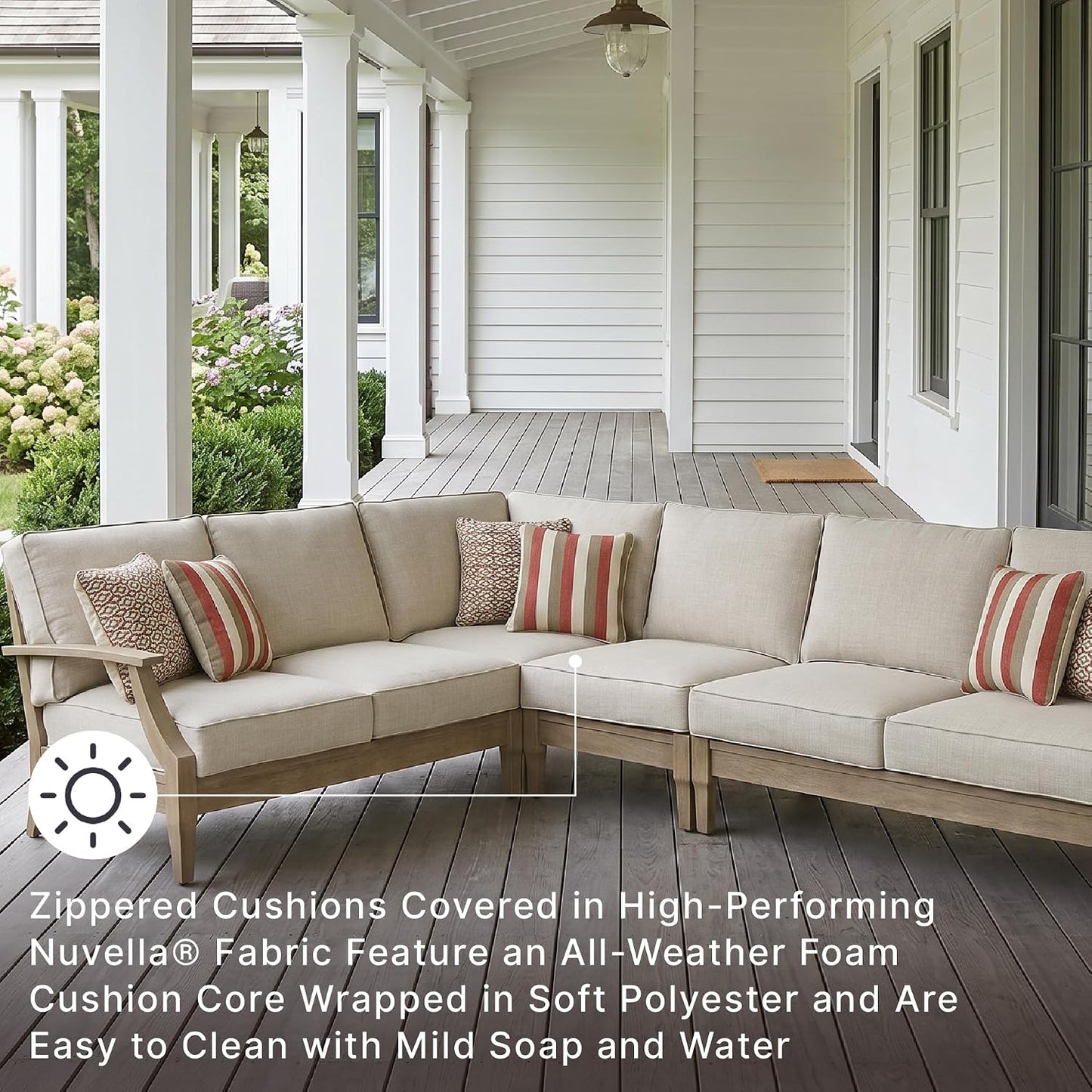 Signature Design by Ashley 4-Piece L-Shape Clare View Outdoor Sectional, Patio Conversation Furniture Set, Eucalyptus Wood with Nuvella Fabric Cushions for Backyard, Beige