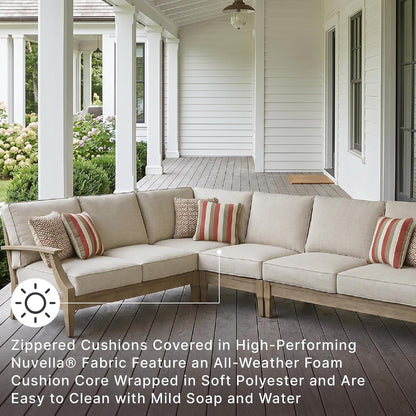 Signature Design by Ashley 4-Piece L-Shape Clare View Outdoor Sectional, Patio Conversation Furniture Set, Eucalyptus Wood with Nuvella Fabric Cushions for Backyard, Beige