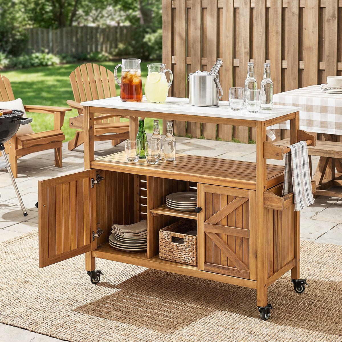 Acacia Wood Outdoor Bar Cart with Marble-Effect Worktop