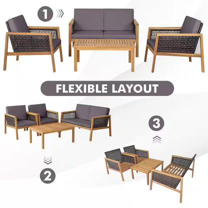 4PCS Patio Acacia Wood Furniture Set PE Rattan Conversation Set W/Grey Cushions