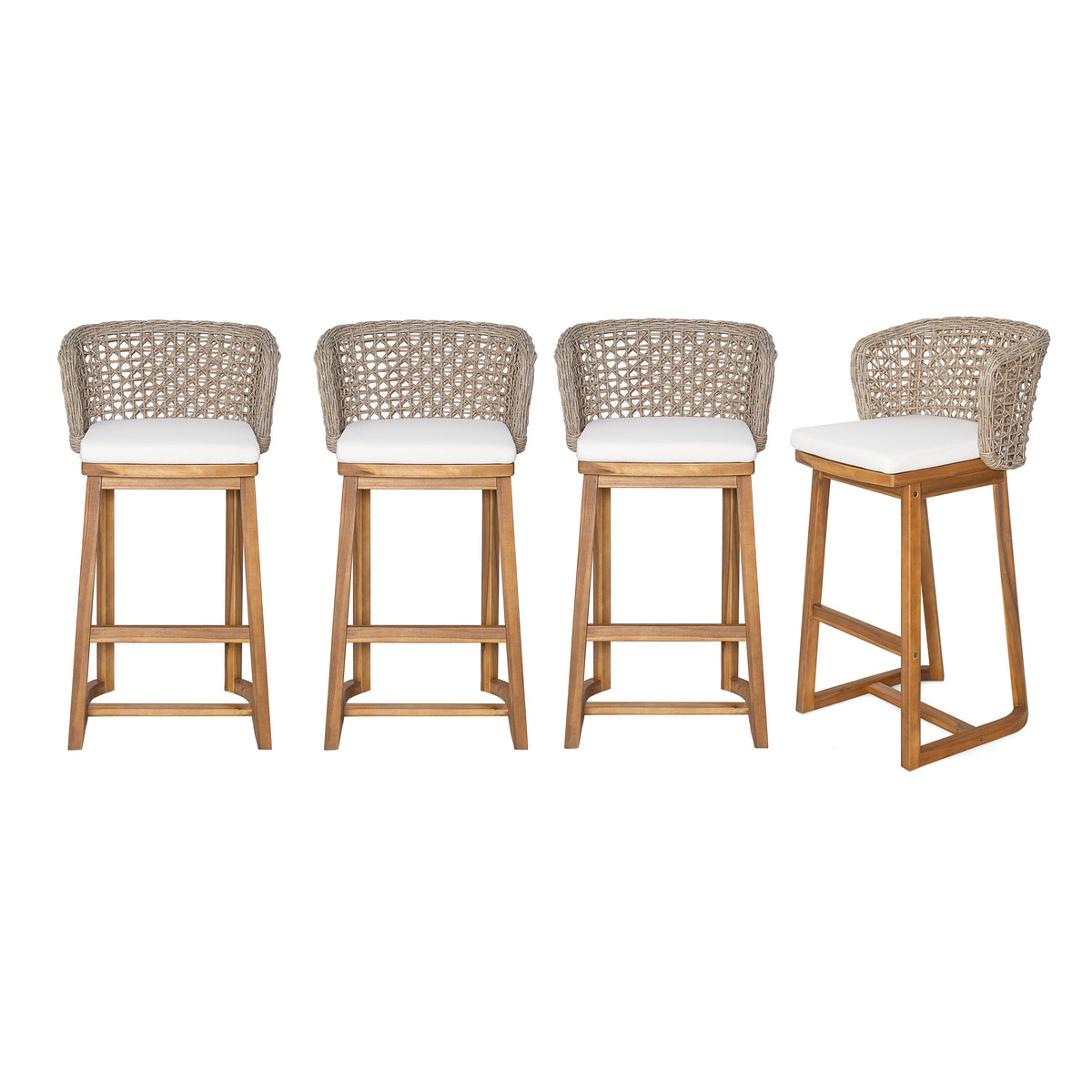 Outdoor Bar Stools — Acacia Wood, Wicker Backrest & Plush Beige Cushions (Set of 4)