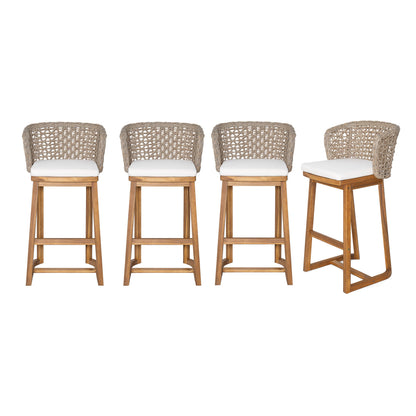Outdoor Bar Stools — Acacia Wood, Wicker Backrest & Plush Beige Cushions (Set of 4)