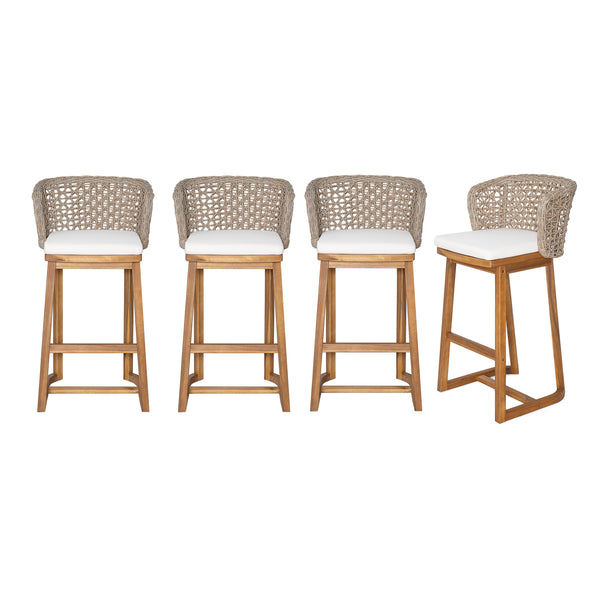 Outdoor Bar Stools — Acacia Wood, Wicker Backrest & Plush Beige Cushions (Set of 4)