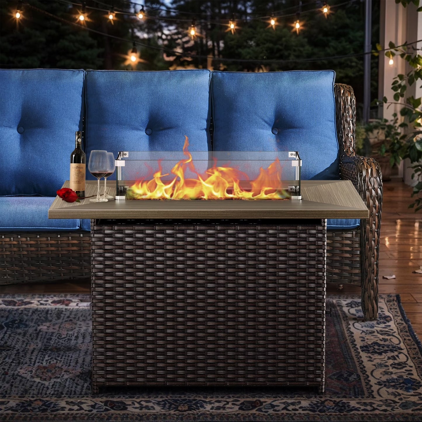 5-Piece High Back Outdoor Wicker Conversation Set with Swivel Chairs, Ottoman & 50,000 BTU Fire Pit Table - Patio Furniture Set for Deck, Porch, Poolside
