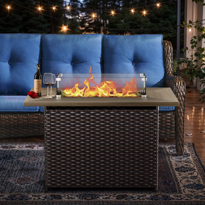 5-Piece High Back Outdoor Wicker Conversation Set with Swivel Chairs, Ottoman & 50,000 BTU Fire Pit Table - Patio Furniture Set for Deck, Porch, Poolside