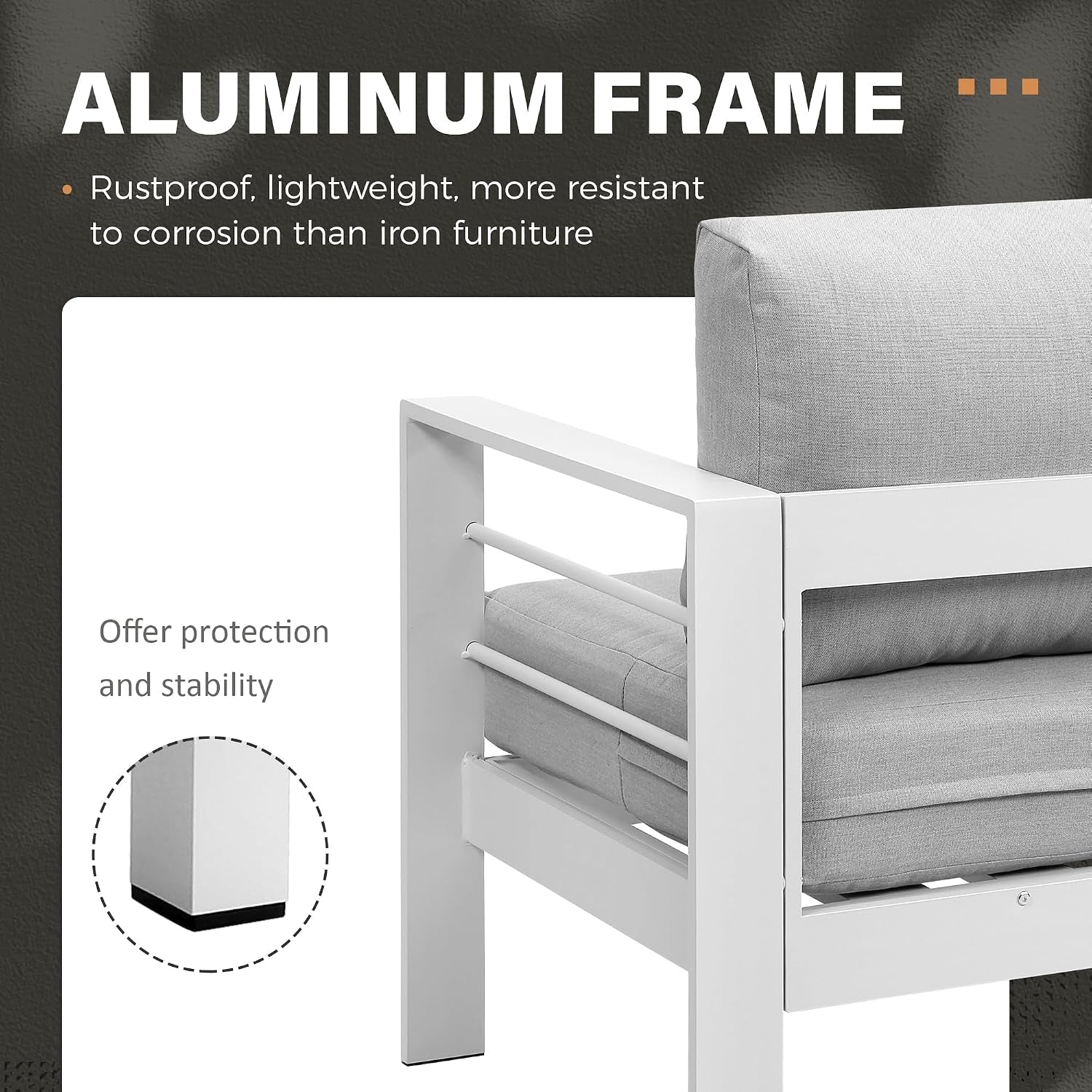 Aluminum Patio Furniture Set, Metal Patio Sectional Sofa with Imitation Wood Tabletop Coffee Table, Modern Outdoor Furniture Couch with Water-Resistant Cushion for Balcony Backyard, White