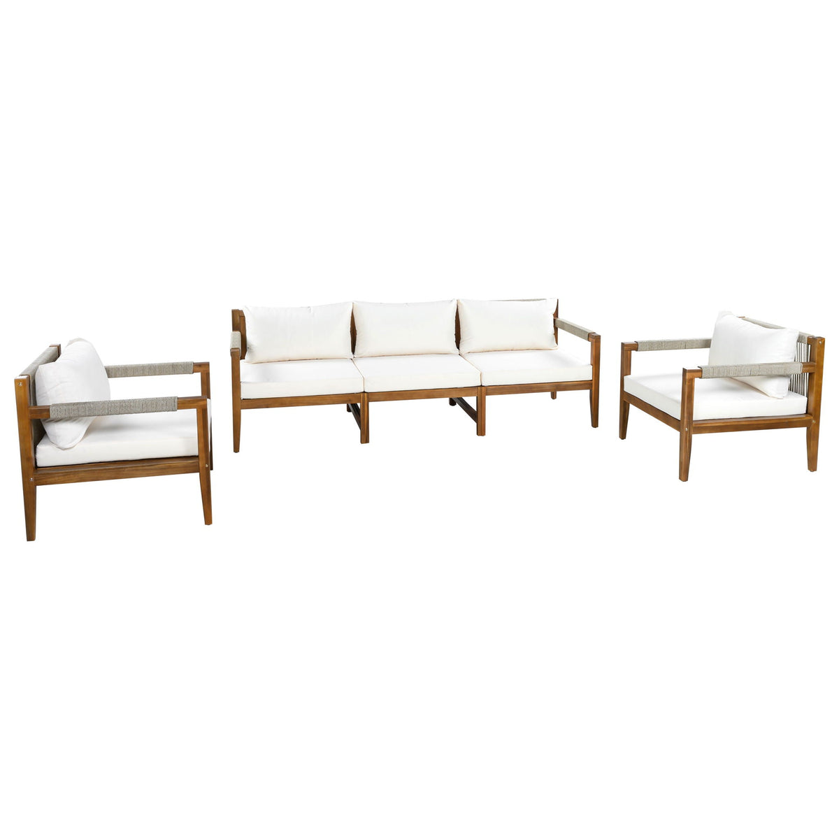 Acacia Wood Outdoor Modular Seating Set with Rope Accents & Water‑Resistant Cushions – 3‑Piece