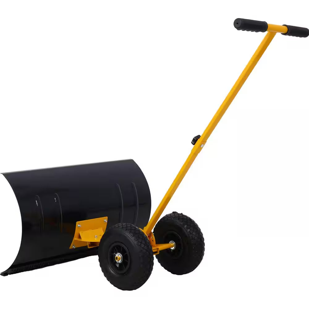 47 In. Sheet Metal Handle Steel Snow Shovel Rolling Pusher with 29 In. Blade and 10 In. Wheels in Black and Yellow