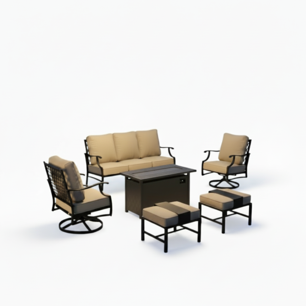 Black Metal Meshed 7 Seat 6-Piece Steel Outdoor Fire Pit Patio Set with Beige Cushions, Black Rectangular Fire Pit Table