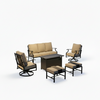 Black Metal Meshed 7 Seat 6-Piece Steel Outdoor Fire Pit Patio Set with Beige Cushions, Black Rectangular Fire Pit Table