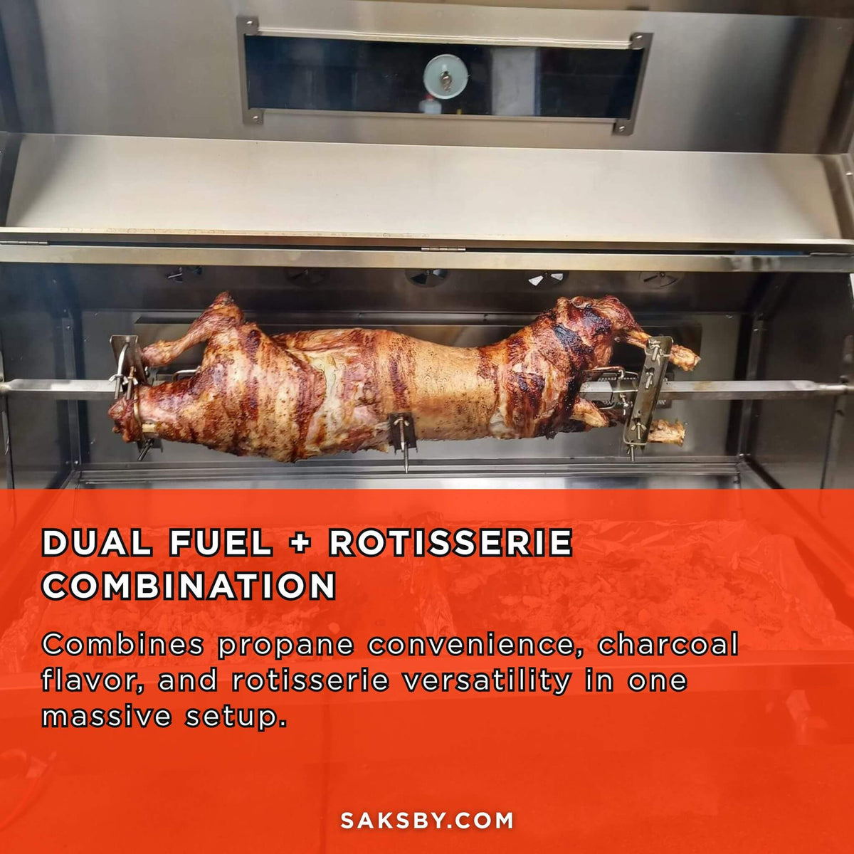 Stainless Steel Propane & Charcoal BBQ Rotisserie Grill – Dual‑Fuel Outdoor Roaster with 50W Motor & Heavy‑Duty Casters