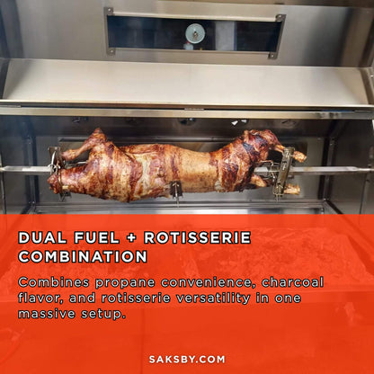 Stainless Steel Propane & Charcoal BBQ Rotisserie Grill – Dual‑Fuel Outdoor Roaster with 50W Motor & Heavy‑Duty Casters