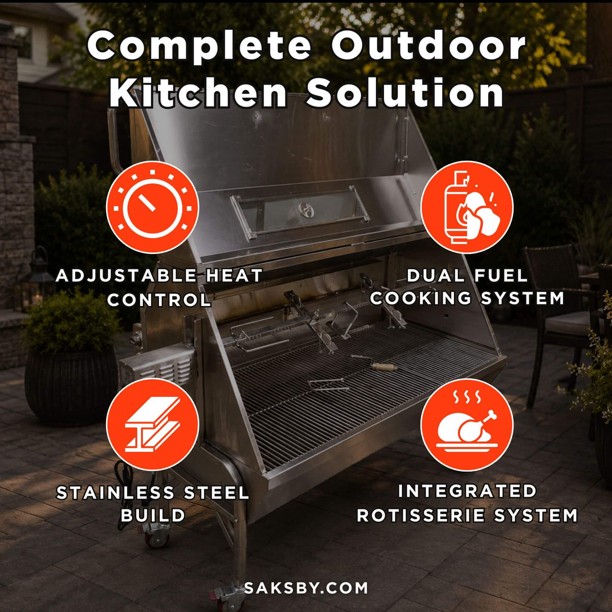 Stainless Steel Propane & Charcoal BBQ Rotisserie Grill – Dual‑Fuel Outdoor Roaster with 50W Motor & Heavy‑Duty Casters