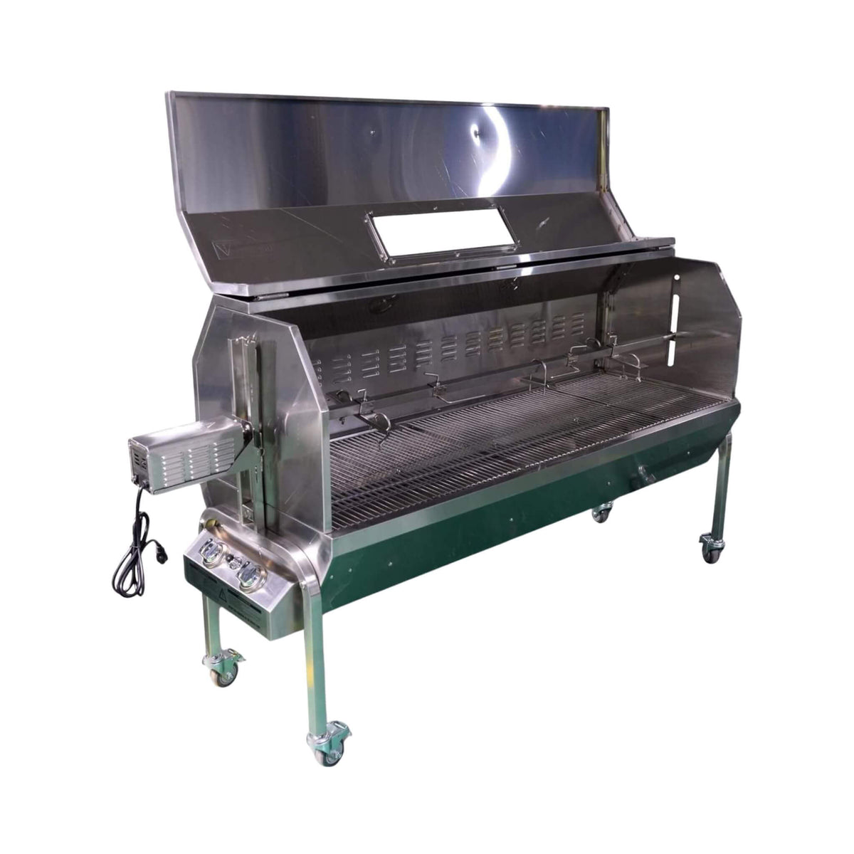 Stainless Steel Propane & Charcoal BBQ Rotisserie Grill – Dual‑Fuel Outdoor Roaster with 50W Motor & Heavy‑Duty Casters