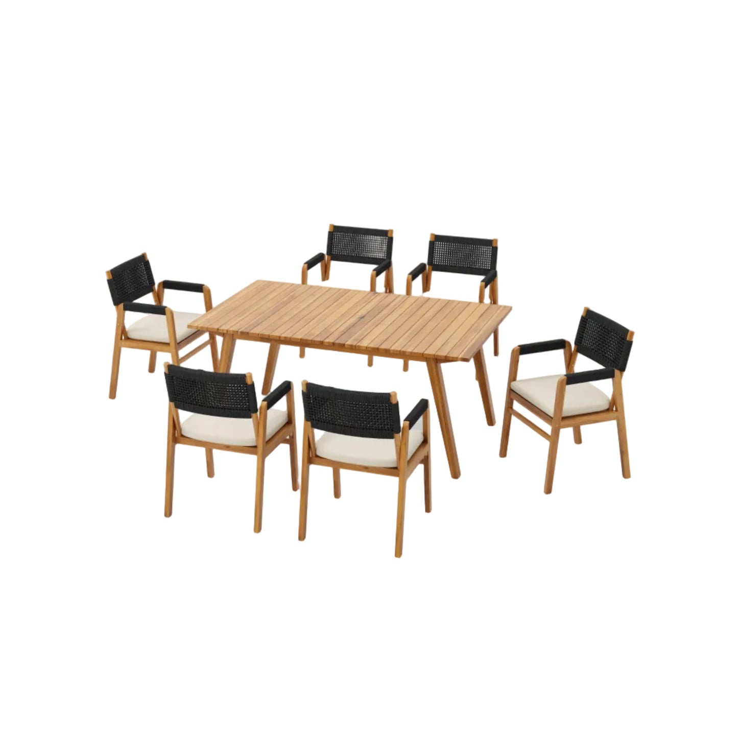 Outdoor 7 Pieces Patio Slat Design Acacia Upholstered Dining Set
