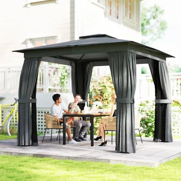 10x10 Steel Patio Gazebo with UPF30+ Roof, Curtains & Netting