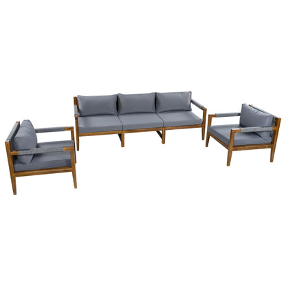 Acacia Wood Outdoor Modular Seating Set with Rope Accents & Water‑Resistant Cushions – 3‑Piece