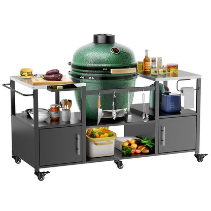 Outdoor Grill Table for Big Egg‑Style BBQ with Metal & Stainless Steel Cart and Storage — Black/Silver