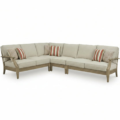 Signature Design by Ashley 4-Piece L-Shape Clare View Outdoor Sectional, Patio Conversation Furniture Set, Eucalyptus Wood with Nuvella Fabric Cushions for Backyard, Beige