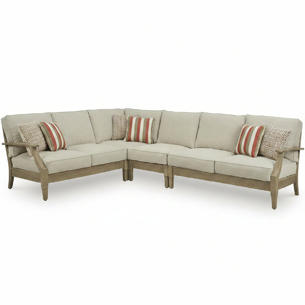 Signature Design by Ashley 4-Piece L-Shape Clare View Outdoor Sectional, Patio Conversation Furniture Set, Eucalyptus Wood with Nuvella Fabric Cushions for Backyard, Beige