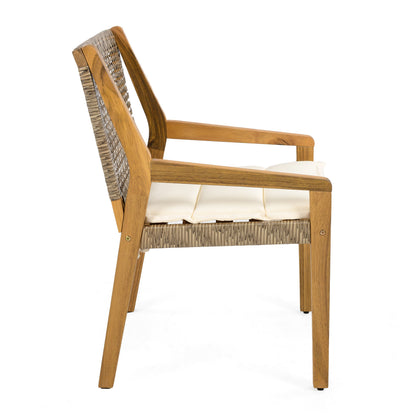 Acacia Wood & Wicker Outdoor Dining Chair Set of 4 with Cream Cushions