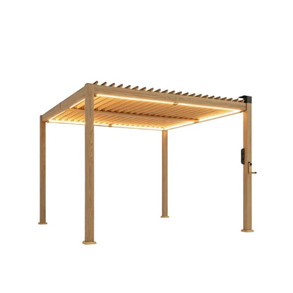 Pergola Louvered Metal Brown 9.8x9.8ft Solar LED Drainage