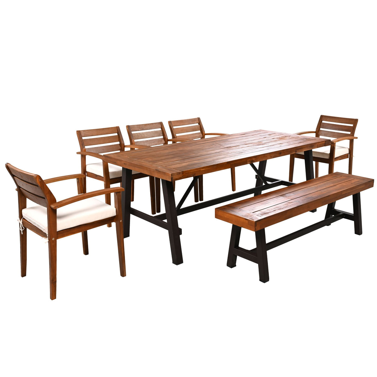 Outdoor Dining Set for 7–8 — Acacia Wood, Beige Cushions & Ergonomic Chairs
