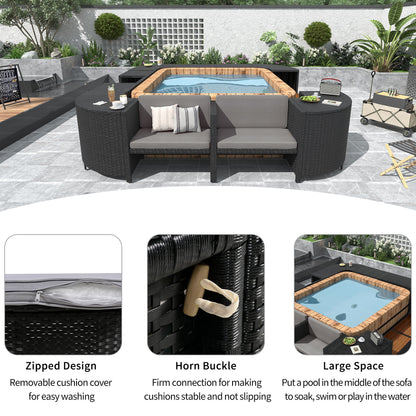 Spa Surround Outdoor Rattan Sectional Sofa Set – Built‑In Storage, Wooden Seats & Cushions (Beige or Gray)