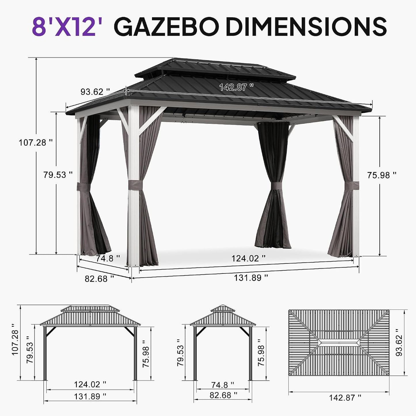 Hardtop Gazebo 8' X 12' Galvanized Steel Roof White Frame