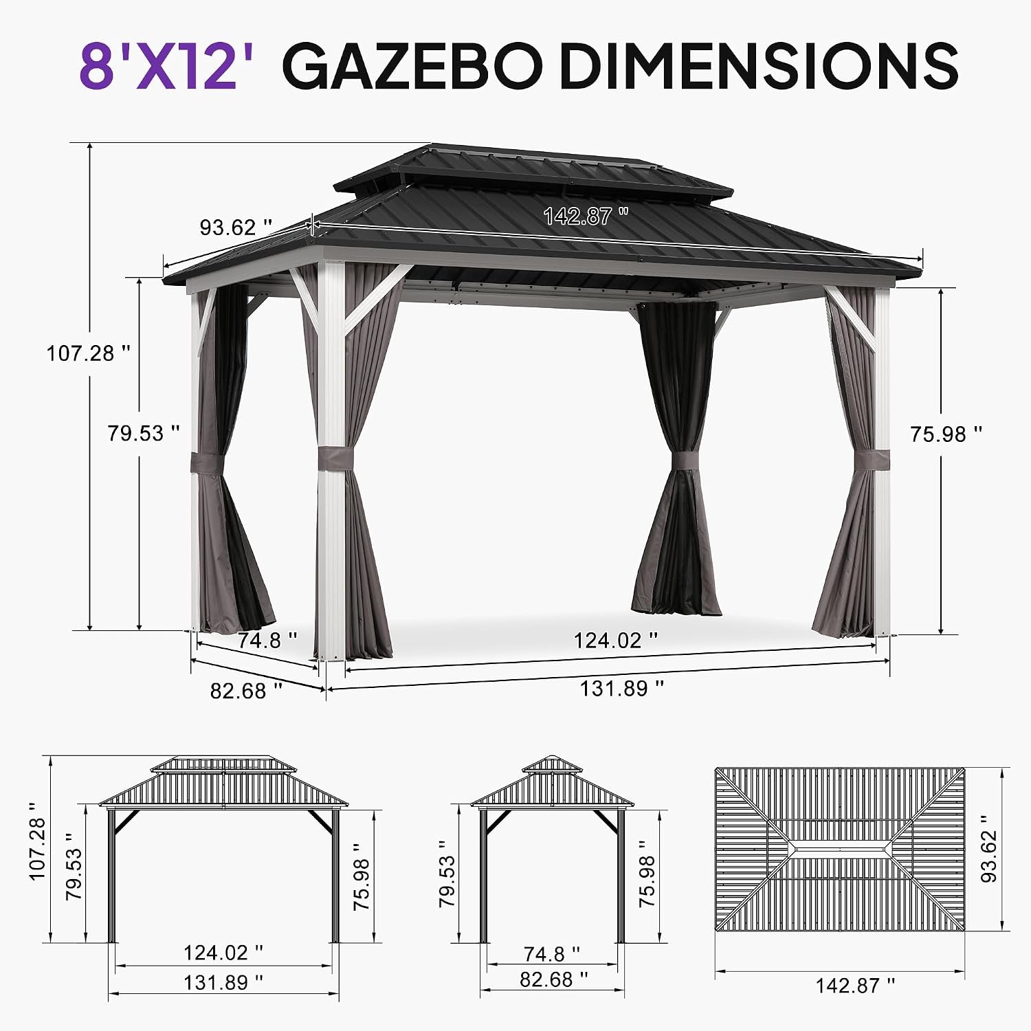 Hardtop Gazebo 8' X 12' Galvanized Steel Roof White Frame