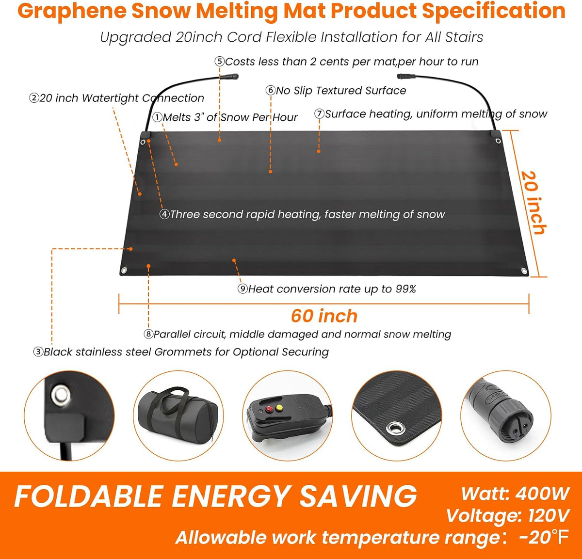 Graphene Snow Melting Mats for Stairs,Non-Slip Rubber Heated Walkway Mat,Fast Ice Melt 3 In/H,Safe & Energy Saving with Extended 50Cm Cord,20"X60" with Plug
