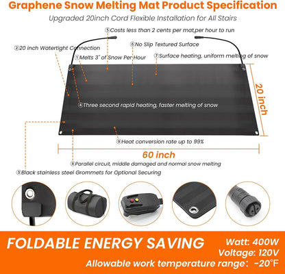 Graphene Snow Melting Mats for Stairs,Non-Slip Rubber Heated Walkway Mat,Fast Ice Melt 3 In/H,Safe & Energy Saving with Extended 50Cm Cord,20"X60" with Plug