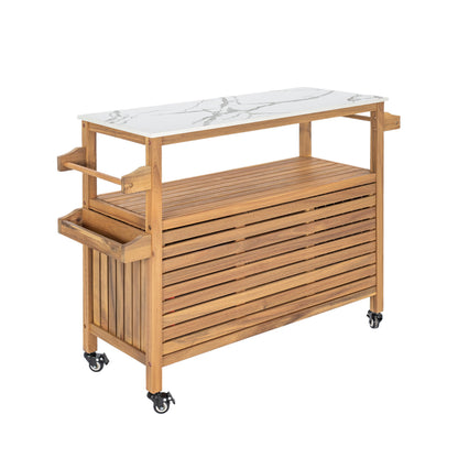 Acacia Wood Outdoor Bar Cart with Marble-Effect Worktop
