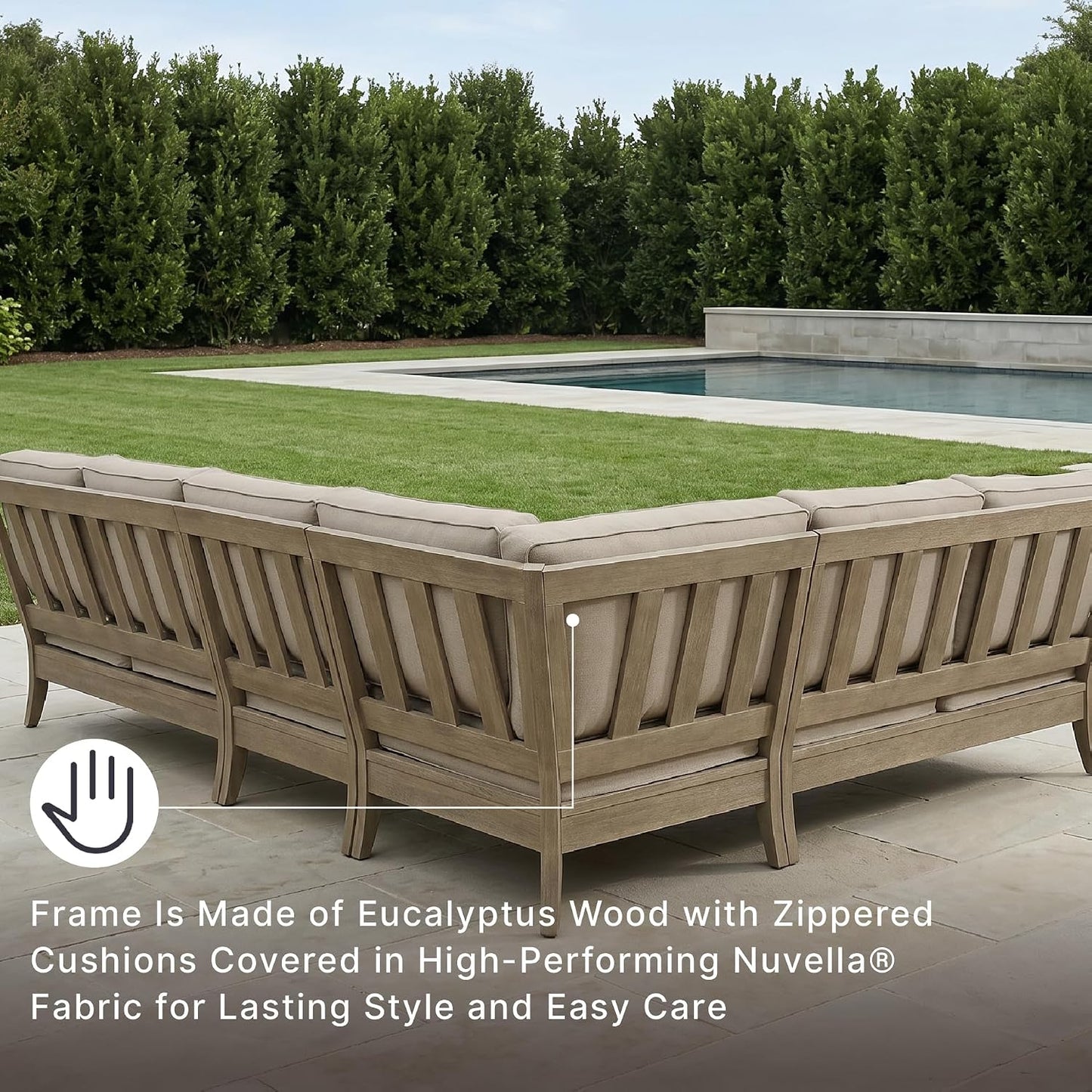 Signature Design by Ashley 4-Piece L-Shape Clare View Outdoor Sectional, Patio Conversation Furniture Set, Eucalyptus Wood with Nuvella Fabric Cushions for Backyard, Beige
