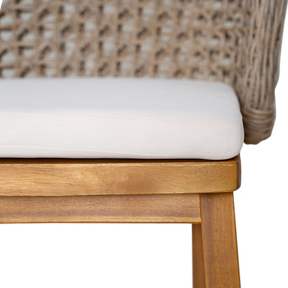 Outdoor Bar Stools — Acacia Wood, Wicker Backrest & Plush Beige Cushions (Set of 4)