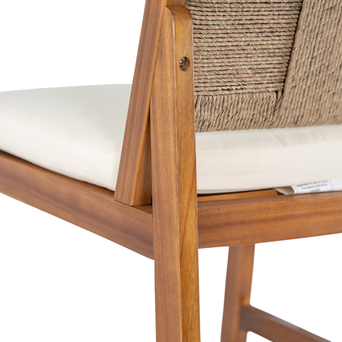 4‑Piece Acacia Wood Outdoor Bar Stool Set — Teak Finish with Woven Wicker & Cream Cushions