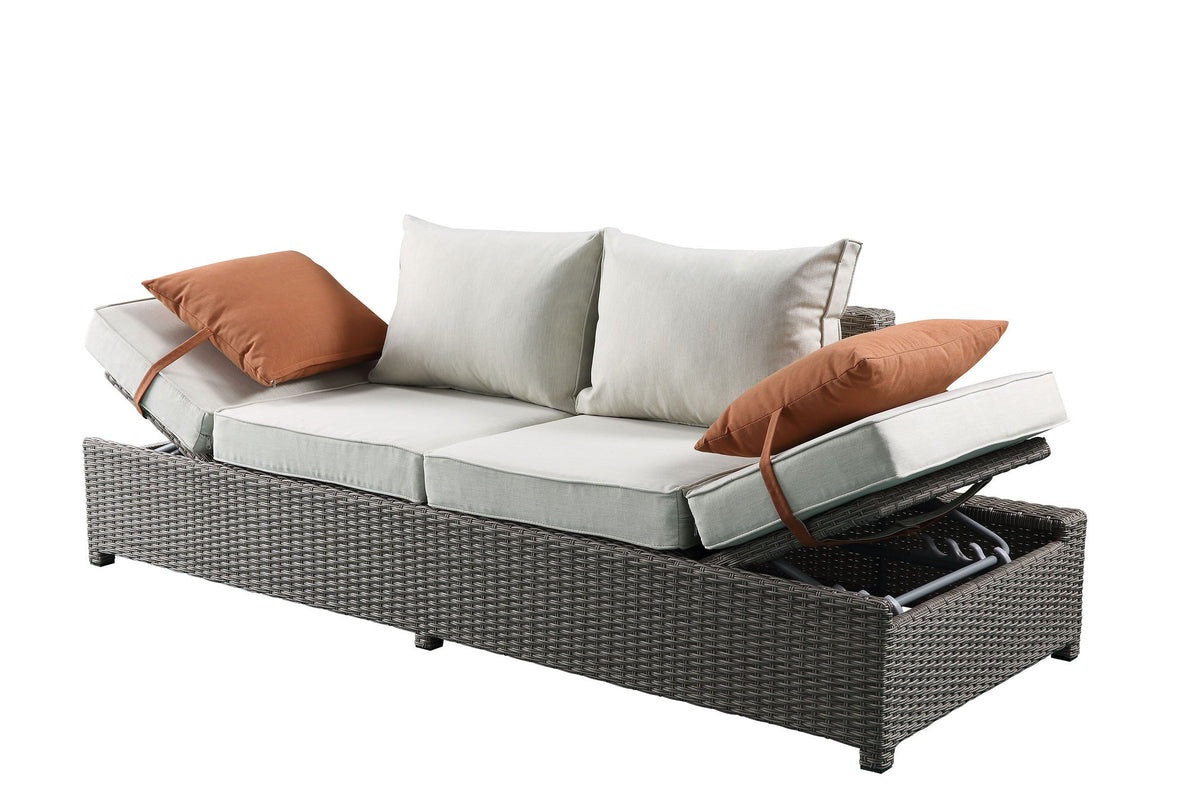 Salena All‑Weather Wicker Patio Sofa & Ottoman with Toss Pillows – Beige / Gray