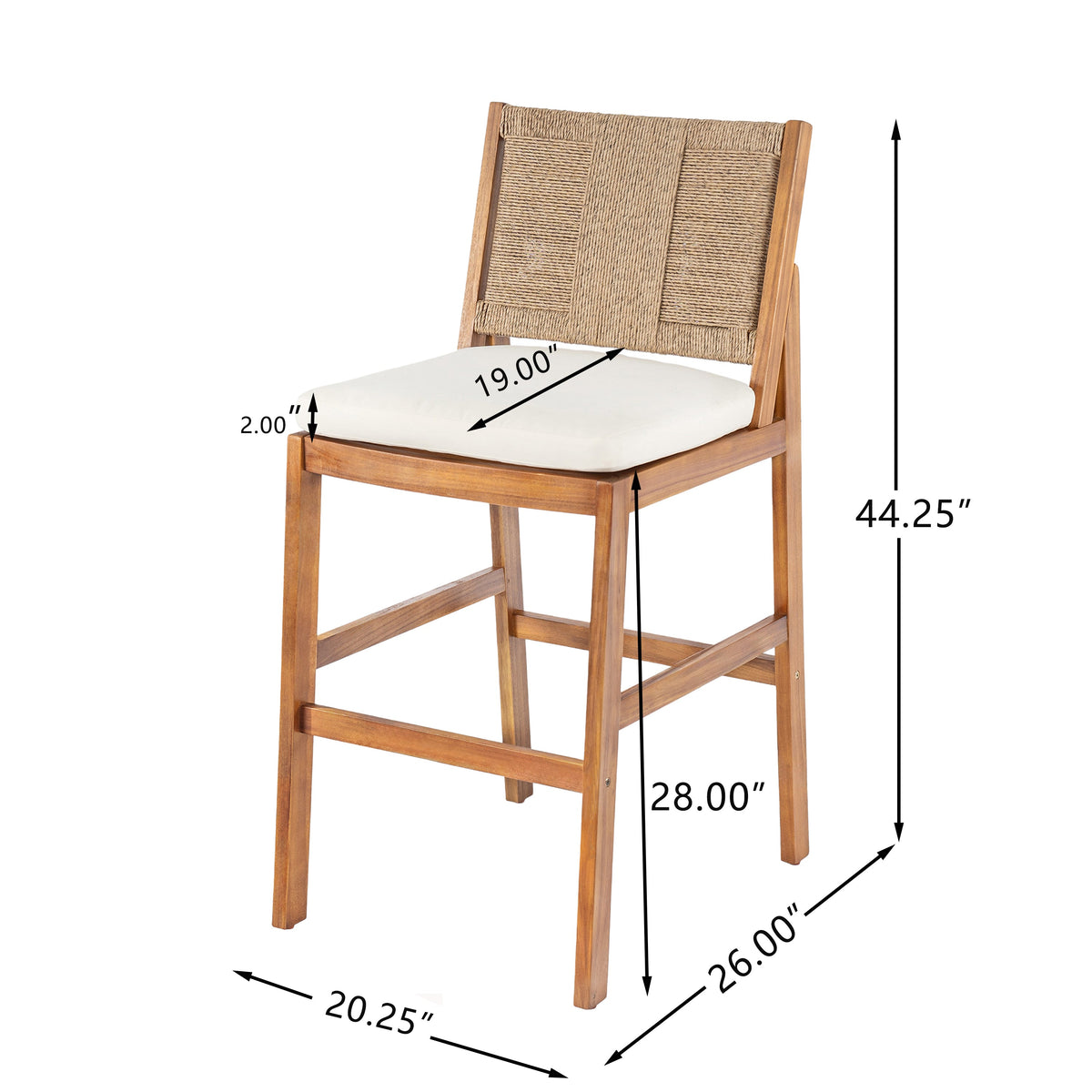 4‑Piece Acacia Wood Outdoor Bar Stool Set — Teak Finish with Woven Wicker & Cream Cushions
