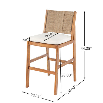4‑Piece Acacia Wood Outdoor Bar Stool Set — Teak Finish with Woven Wicker & Cream Cushions