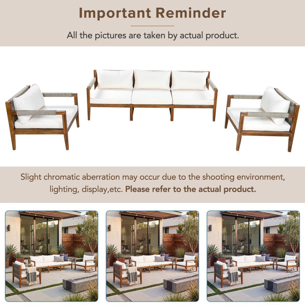 Acacia Wood Outdoor Modular Seating Set with Rope Accents & Water‑Resistant Cushions – 3‑Piece