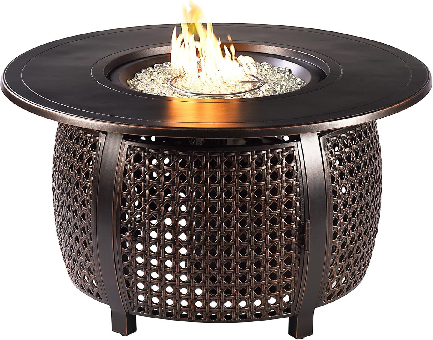 round 44 In. X 44 In. Aluminum Propane Fire Pit Table with Glass Beads, Two Covers, Lid, 57,000 Btus in Copper Finish