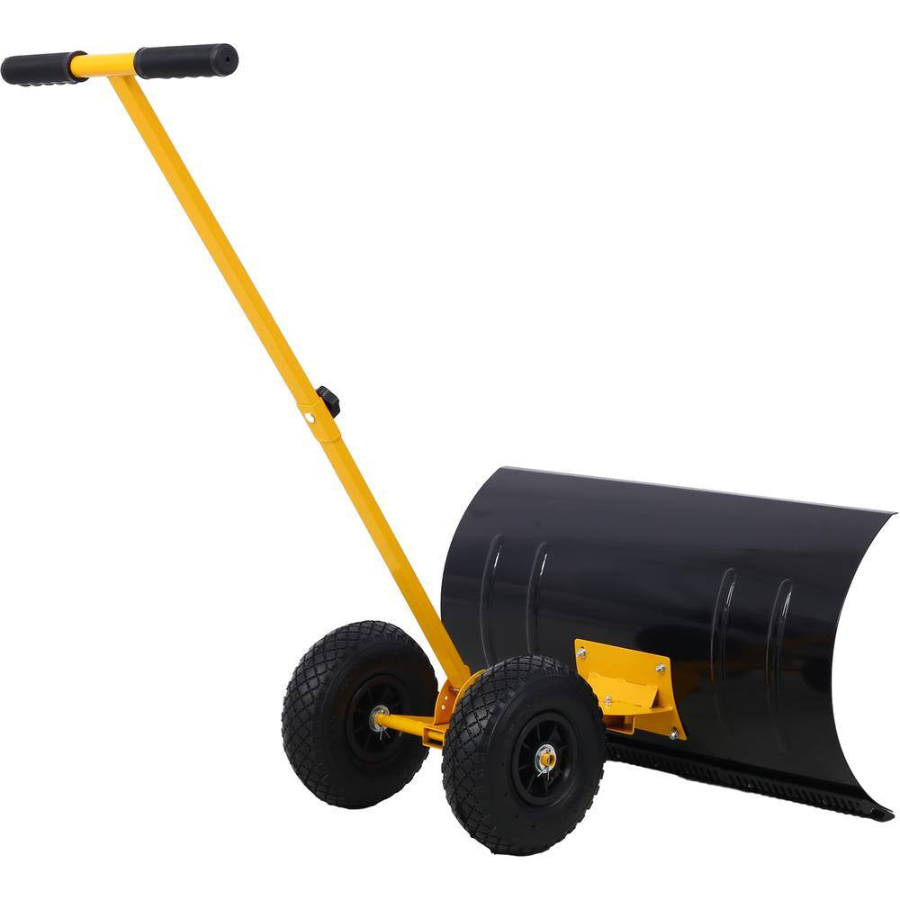 47 In. Sheet Metal Handle Steel Snow Shovel Rolling Pusher with 29 In. Blade and 10 In. Wheels in Black and Yellow