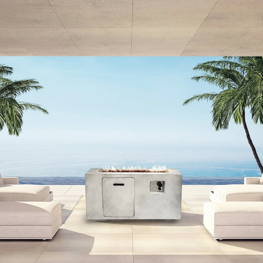 Concrete Outdoor Propane Fire Pit Table, 50,000 BTU Square Gas Fire Table with Adjustable Flame, Lava Rocks, Weather-Resistant Design, and Protective Cover for Patio, Deck, or Backyard